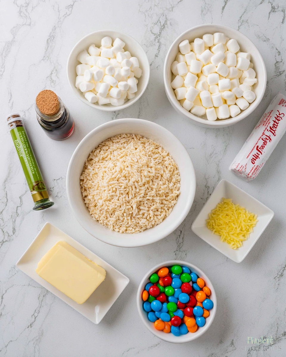 A white bowl is filled with light tan crispy rice cereal grains, placed in the center on a white marbled surface. Above it to the right, another white bowl is packed with small white marshmallows, and further above it, a white bowl contains white chocolate chips. To the bottom right, a small white bowl holds colorful candy-coated chocolates in red, green, blue, orange, and yellow. Next to it, a small white square dish contains yellow star-shaped sprinkles. On the left side of the image, a small glass bottle with a cork filled with dark vanilla extract lies near a green and white tube. At the top right, a stick of unsalted butter wrapped in its original paper rests flat, with red text on the white wrapping. The whole setup is on a white marbled surface, with soft, even lighting. Photo taken with an iphone --ar 4:5 --v 7