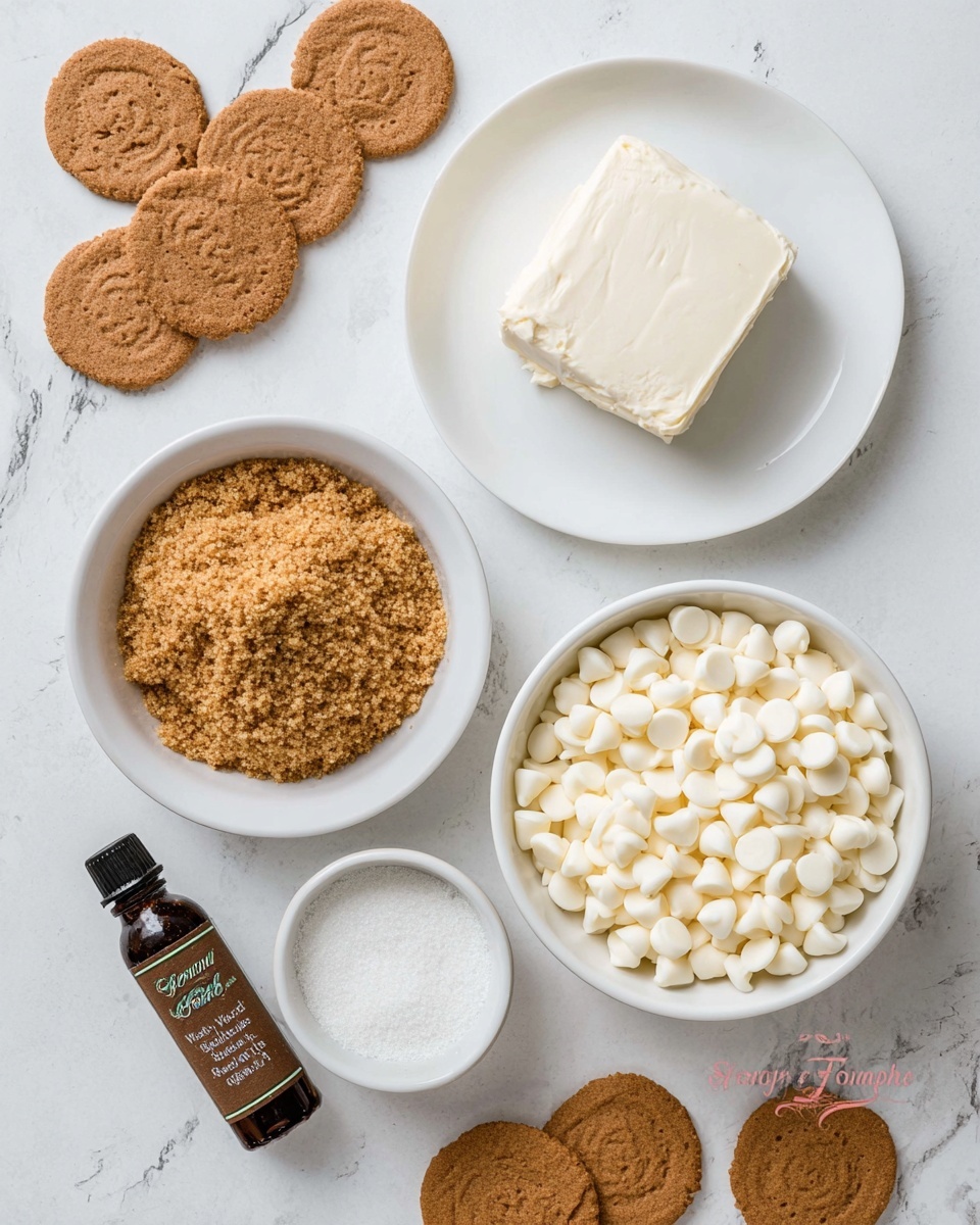 Gingerbread Truffles Recipe 4 The image shows six main items arranged on a white marbled surface: a white plate with a solid block of cream cheese in the top right, a small white bowl roughly in the center filled with coarse brown sugar, a larger white bowl in the bottom right filled with white chocolate chips, a smaller white bowl near the top left filled with white granulated sugar, scattered ginger snap cookies around the bowls and plates, and a dark brown bottle of pure vanilla extract in the bottom left corner. The textures range from smooth and creamy in the cream cheese to granular in the sugars and crumbly in the cookies. photo taken with an iphone --ar 4:5 --v 7