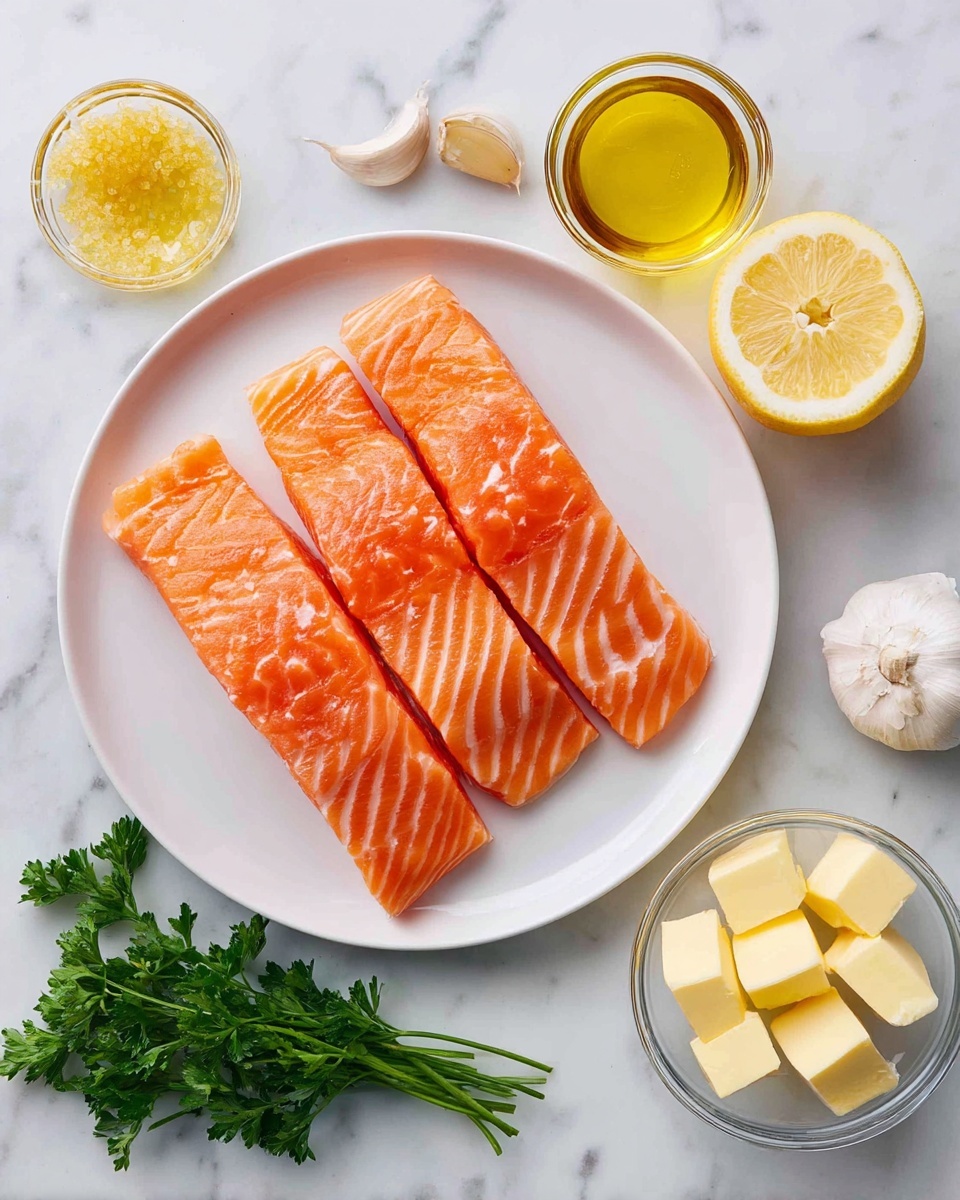 The image shows a white plate with four pieces of bright orange salmon fillets, each with clear white lines running through the flesh, placed on a white marbled surface. To the right of the plate, there are labeled ingredients: two garlic cloves with light brown skin, a half-cut lemon showing its juicy yellow inside, a small clear glass bowl of golden olive oil, a small clear glass bowl filled with pale yellow butter cubes, and a sprig of fresh green parsley. The whole setup is cleanly arranged with a soft natural light. photo taken with an iphone --ar 4:5 --v 7