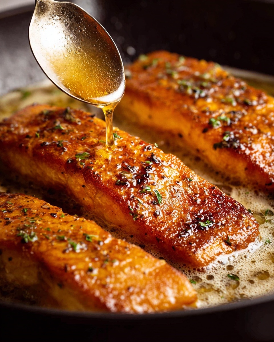 Three pieces of golden brown fish fillets are cooked in a black pan with bubbling butter sauce. The fillets have a crispy, textured surface with small green herbs sprinkled on top. A silver spoon pours more bubbling butter over the center fillet, adding shine and richness to its surface. The background shows a close-up, focusing on the sizzling action and glistening sauce. Photo taken with an iphone --ar 4:5 --v 7