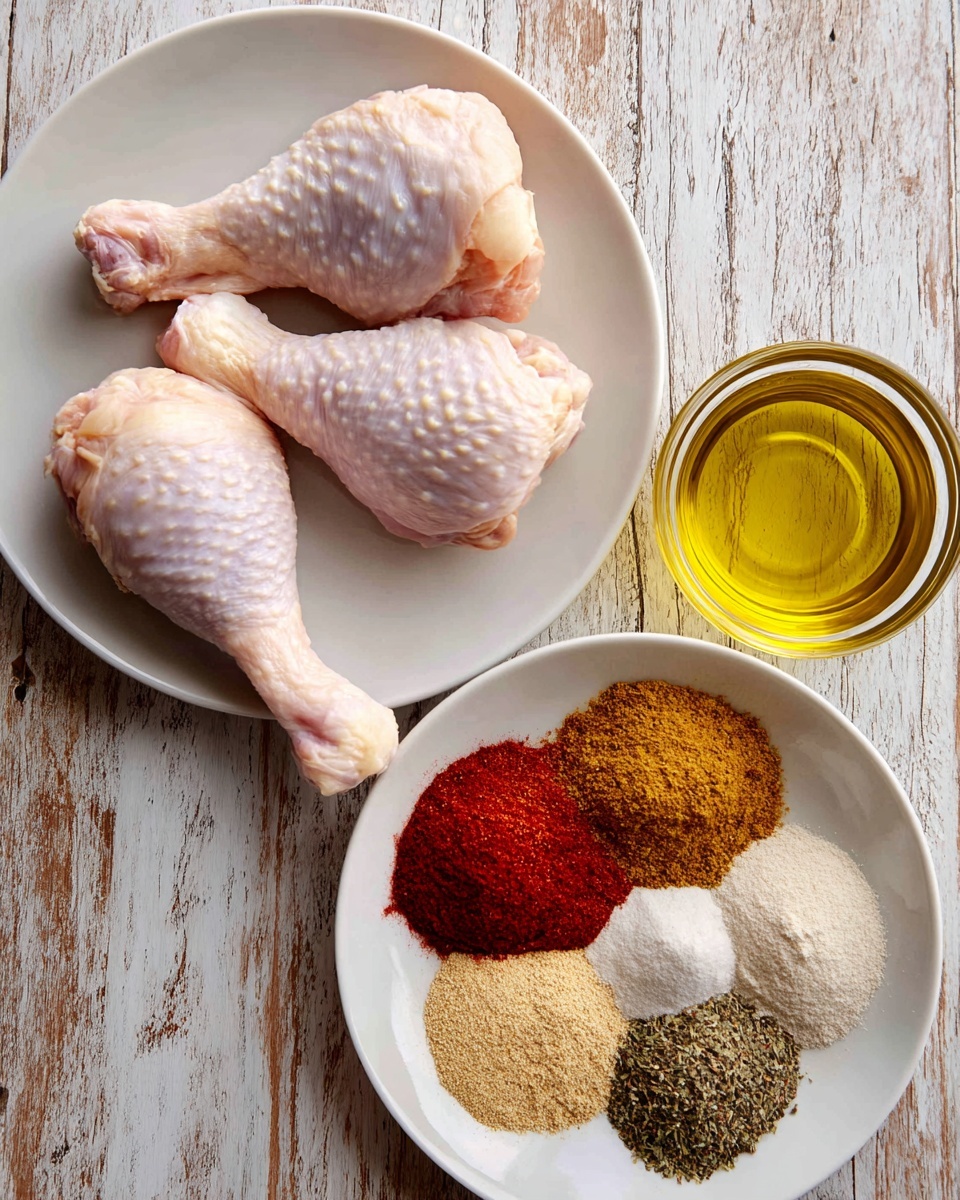 The image shows a white round plate on the left side holding four raw chicken drumsticks with light pink skin and a slightly bumpy texture. To the right, there is a small clear glass bowl filled with golden yellow olive oil, placed above a white bowl containing piles of spices with various colors and textures: a bright red pile in the center, surrounded by light beige, dark brown, off-white, and grayish-brown powders, creating a colorful arrangement. All items rest on a wooden surface shown with a white marbled texture overlay. Photo taken with an iphone --ar 4:5 --v 7