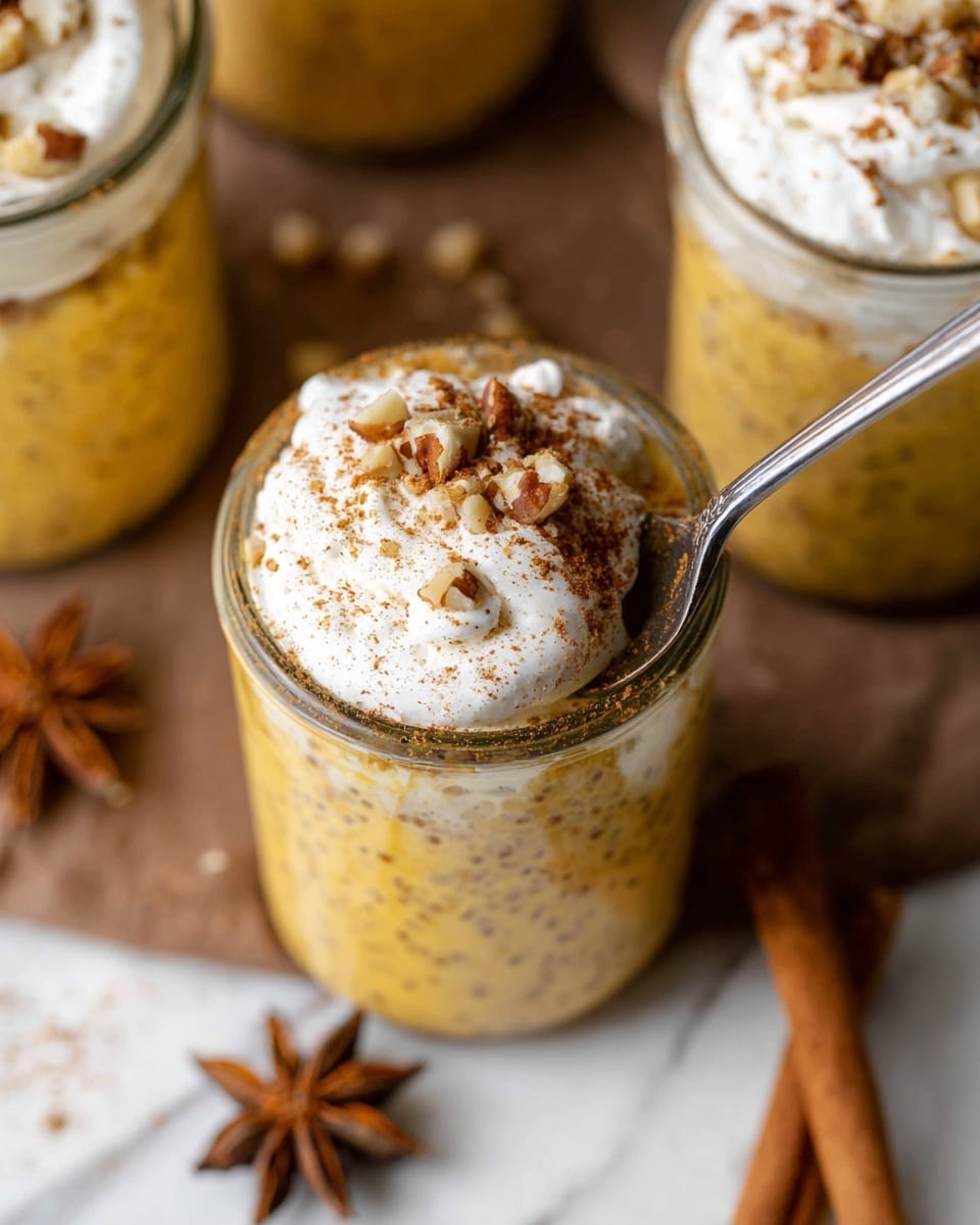 The image shows a close-up top view of a glass jar filled with a yellowish pudding-like layer that looks creamy and speckled, topped with a thick white layer of whipped cream or yogurt. Small nut pieces are sprinkled on top, adding texture, along with a dusting of light brown powder, probably cinnamon, spread unevenly. A silver spoon is dipped into the jar, scooping a mix of both layers. The jar rests on a brown surface next to similar jars, with some star anise and nuts scattered around. The background is a white marbled texture. photo taken with an iphone --ar 4:5 --v 7