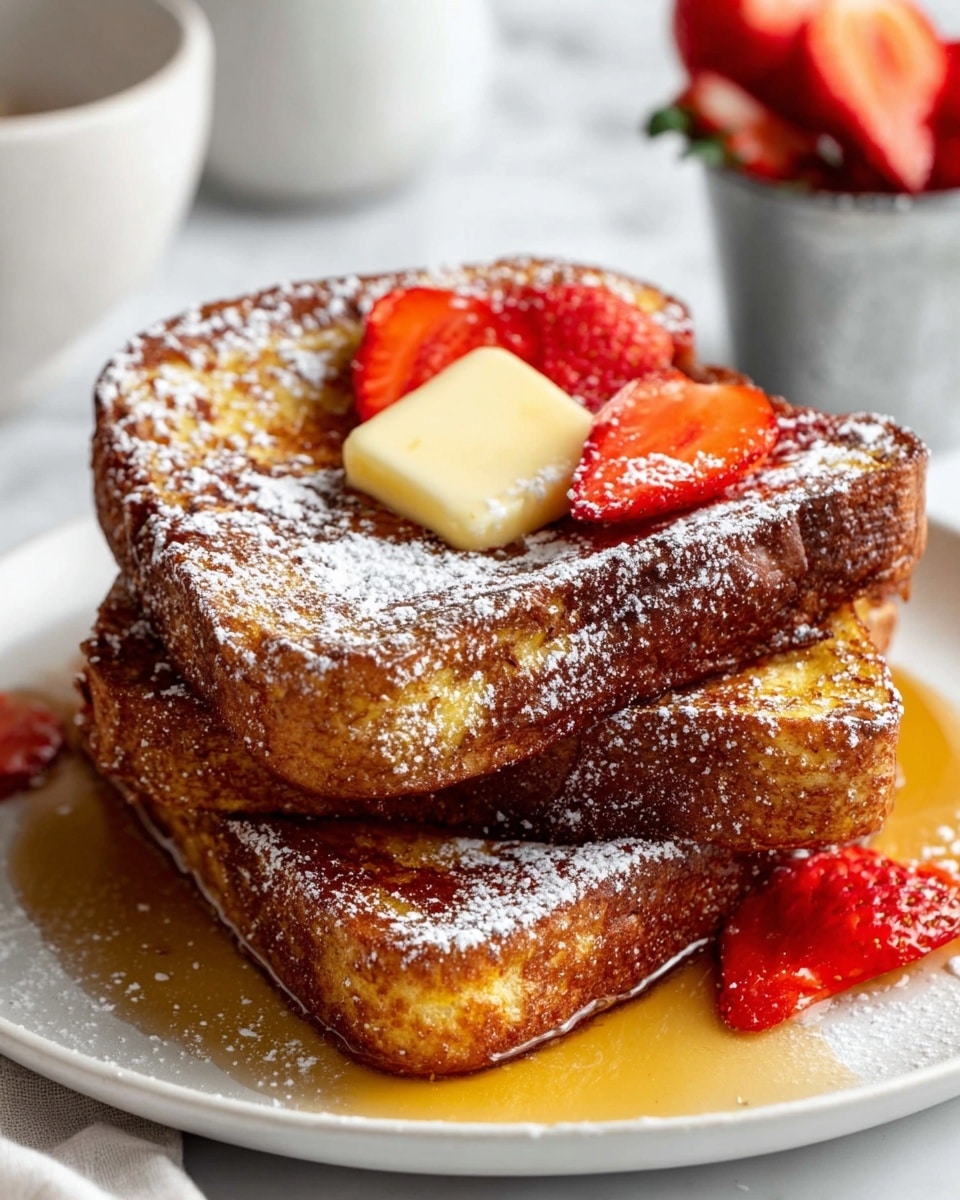 Two thick layers of golden brown French toast stacked on a white plate with syrup pooled around the base. The top layer is decorated with a small square of melting light yellow butter and several bright red strawberry slices. A light dusting of powdered sugar covers the toast and some strawberries, enhancing the texture. The background is a white marbled surface with part of a white bowl and a metal cup of strawberries slightly blurred. photo taken with an iphone --ar 4:5 --v 7