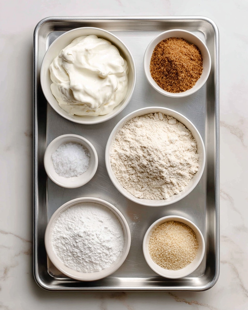 A metal baking tray contains six small white bowls arranged neatly, each with a labeled ingredient inside. The top left bowl holds thick, creamy white Greek yogurt with a soft texture. To its right is a small white bowl filled with rich brown sugar, granulated and slightly coarse. Below the yogurt is a tiny white bowl with fine white salt crystals. At the center right, a larger white bowl is filled with light beige gluten-free flour that has a soft, powdery texture. Below the salt, another small white bowl contains white baking powder, fine and smooth. At the bottom right corner, a small white bowl holds instant yeast granules in a pale beige color. All bowls sit on a simple clean silver tray placed on a white marbled surface. Photo taken with an iphone --ar 4:5 --v 7