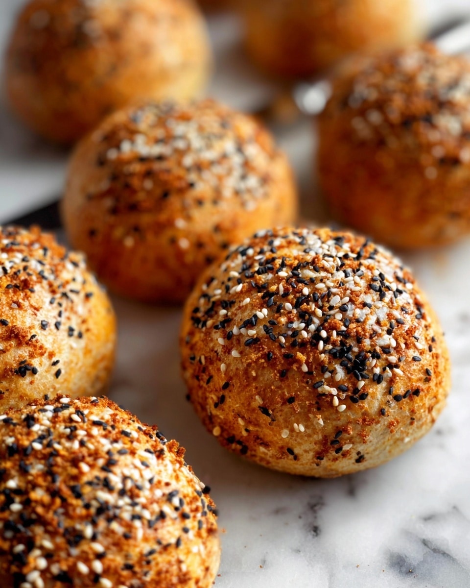 The image shows several round bread rolls on a white marbled surface. Each roll has a golden-brown crust covered with a mix of white and black sesame seeds and small crunchy toppings, giving them a rough and textured look. The rolls are grouped closely together, and a metal knife is seen lying next to them on the surface. The image has a warm tone with a shallow depth of field, making the front rolls sharp and the background rolls blurred. photo taken with an iphone --ar 4:5 --v 7