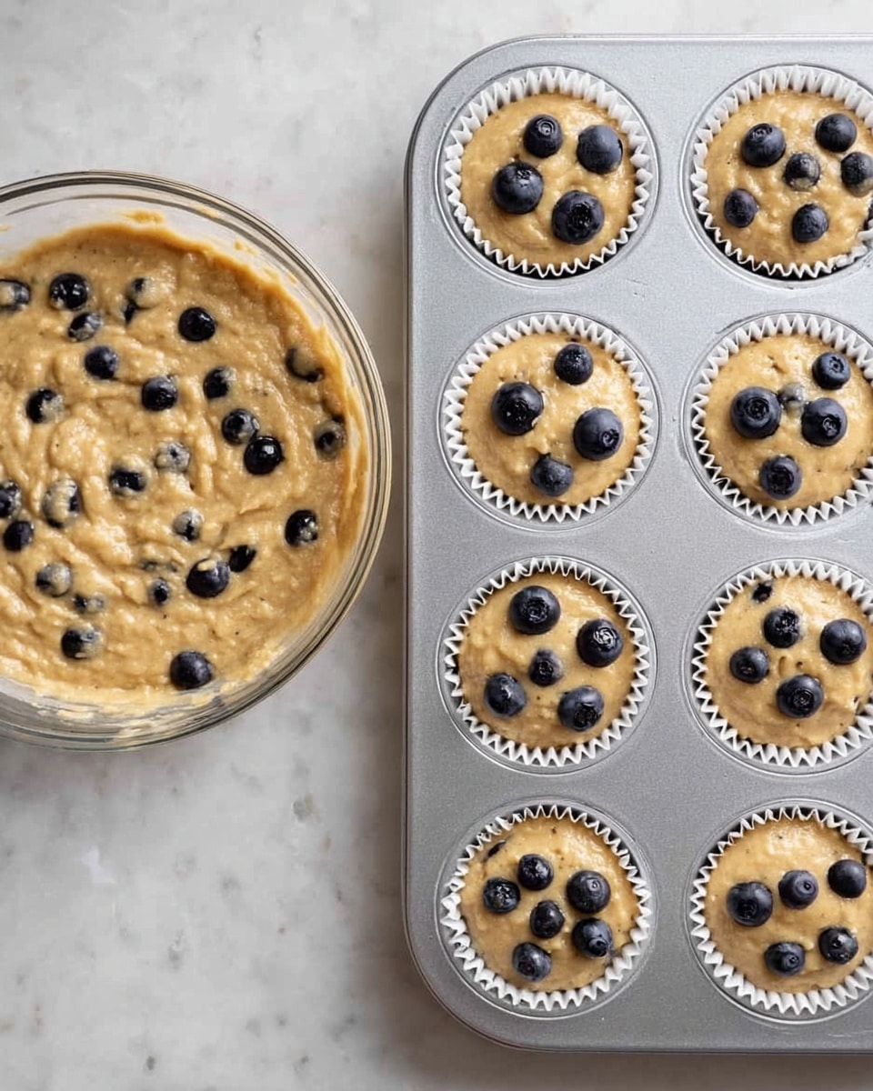 A clear glass bowl filled with light tan muffin batter mixed with many small, round, dark blueberries spread evenly throughout the batter, sitting on a white marbled surface; next to it is a silver muffin tray with twelve white paper liners, each filled with the same tan batter dotted with dark blueberries on top, arranged neatly in a grid on the same white marbled background. photo taken with an iphone --ar 4:5 --v 7