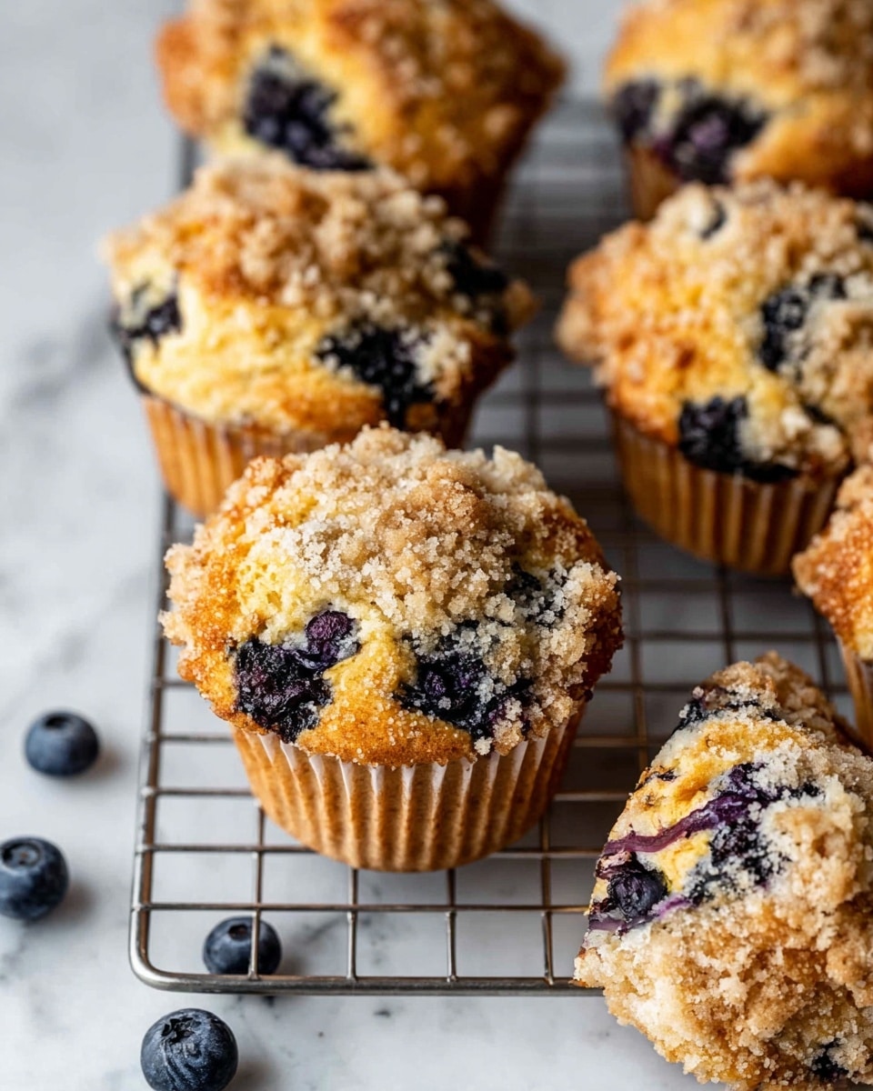 A close-up view of several blueberry muffins with crumb topping, placed on a metal cooling rack over a white marbled surface. Each muffin has a golden brown top speckled with dark blue blueberries and a crumb layer of light tan sugar crystals. One muffin is upside down, showing a light brown ridged paper liner. Whole blueberries are scattered around the muffins on the surface. photo taken with an iphone --ar 4:5 --v 7
