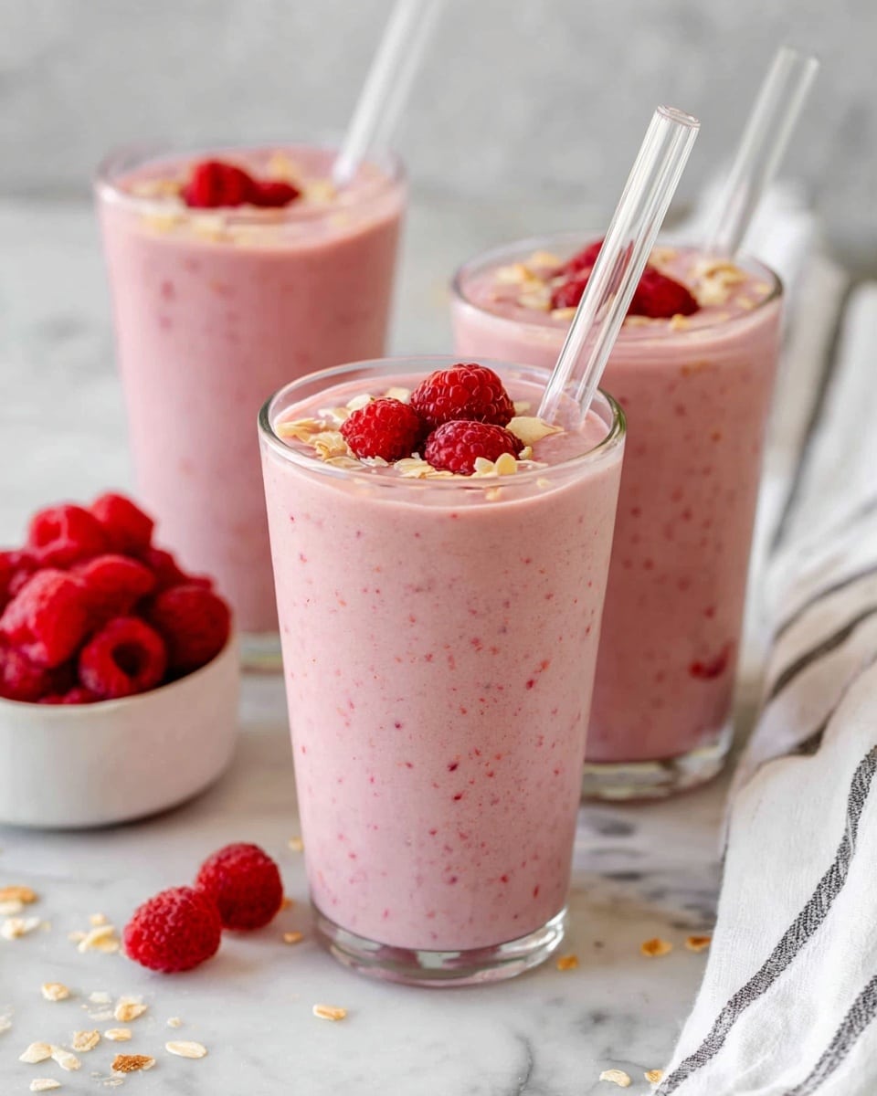 Three clear glasses filled with a thick pink smoothie are shown on a white marbled surface. Each glass has a creamy textured smoothie that is light pink in color with small darker specks. The smoothies are topped with bright red raspberries and sprinkled with small pieces of light toasted flakes. Two clear straws are placed in the front two glasses. There is a small white bowl of raspberries on the left side with a few loose raspberries and toasted flakes scattered on the white marbled surface. A white cloth with black stripes is partially visible on the right side. The photo is taken with an iphone --ar 4:5 --v 7