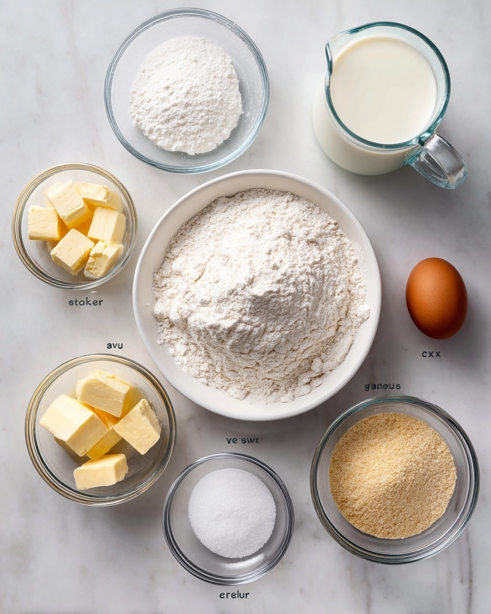 A flat lay image of baking ingredients arranged on a white marbled surface, featuring a large white bowl filled with a mound of white flour at the center; around this bowl are seven smaller clear glass bowls and one egg placed directly on the surface. The smaller bowls contain white cornstarch, pale yellow butter cubes, golden honey, light beige salt crystals, and light brown yeast. A clear glass measuring cup filled with white milk is to the top right, and a single brown egg is placed next to the yeast bowl on the right side. Each ingredient is neatly separated with its label above or near it for easy identification. Photo taken with an iphone --ar 4:5 --v 7
