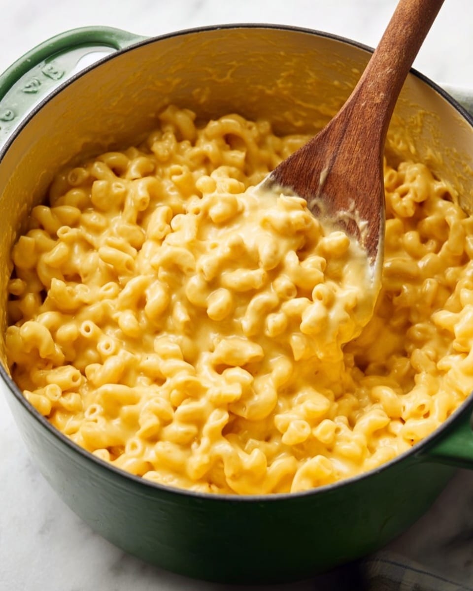 A green pot filled with creamy yellow macaroni and cheese with a smooth, thick texture covering the small curved macaroni pasta. A wooden spoon with a smooth surface is lifting the rich and cheesy pasta from the pot, showing the shiny, melted cheese coating each macaroni piece. The pot is set on a white marbled surface. photo taken with an iphone --ar 4:5 --v 7