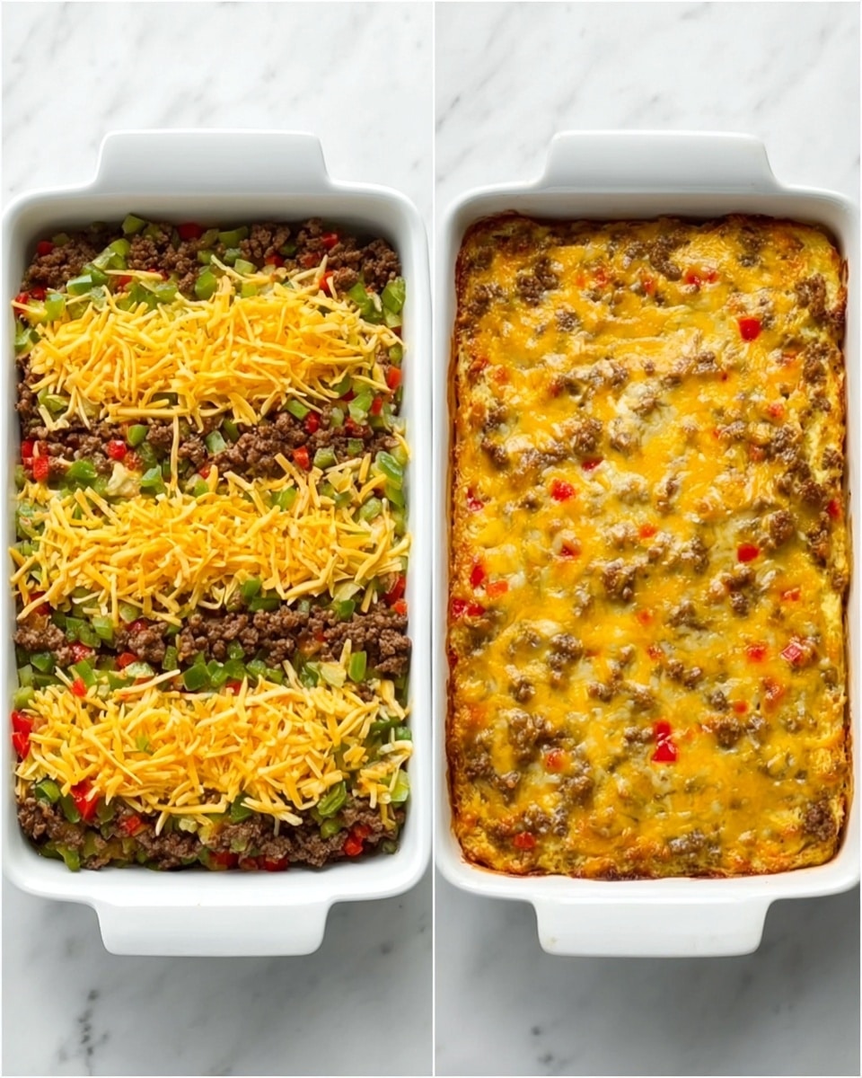 The image shows two white rectangular baking dishes side by side on a white marbled surface. The dish on the left has a layered casserole before baking, with visible layers starting from a base of green peppers and onions, topped with browned ground meat, and finally a generous layer of shredded yellow cheese covering the top. The dish on the right shows the same casserole after baking, where the cheese is melted and golden brown, with small bits of red and green peppers and browned meat showing through the bubbly, cooked surface. Both dishes have an even, neat appearance and are well-filled with the food inside. Photo taken with an iphone --ar 4:5 --v 7