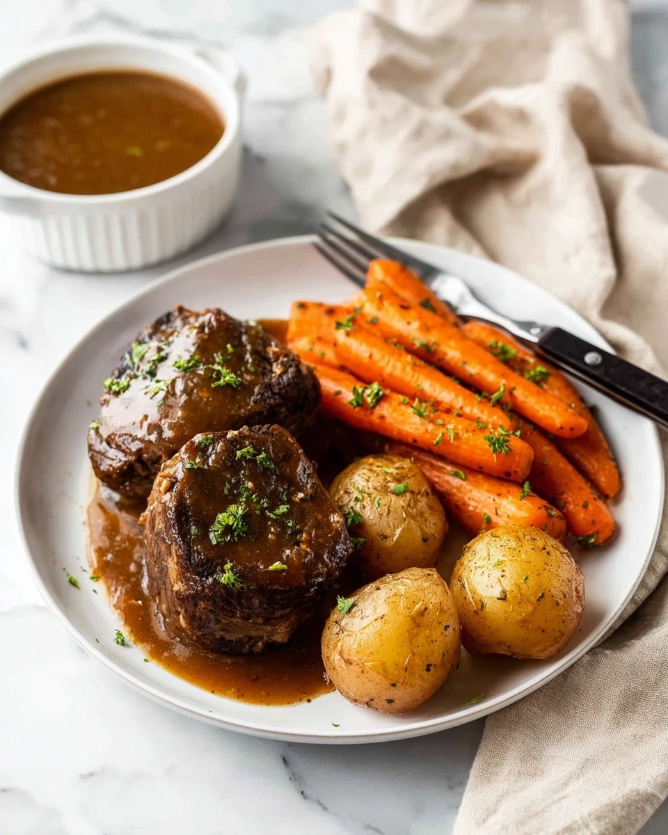 A white round plate sits on a white marbled surface, holding a meal with three main parts. On the left, there are two large pieces of dark brown roasted meat covered in a shiny brown gravy, sprinkled lightly with chopped green herbs. To the right of the meat, several bright orange cooked carrots lay stacked, also glazed with gravy and garnished with small bits of green herbs. In front of the carrots, there are three round golden-brown roasted potatoes, cut in half and coated with the same glossy brown gravy and herbs. A silver fork with a black handle rests on the top right edge of the plate. In the background, a white bowl filled with extra brown gravy is partly visible. A beige cloth is softly folded and placed to the right on the white marbled surface. Photo taken with an iphone --ar 4:5 --v 7