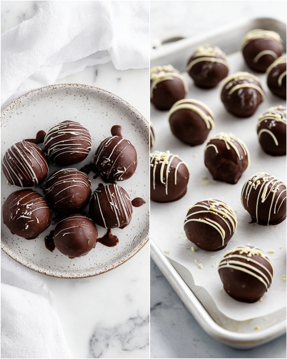 The image shows round chocolate truffles placed in two different scenes. On the left, there are eight dark brown chocolate truffles sitting on a white speckled round plate, with some melted chocolate drips under a few truffles. The plate is on a white marbled surface with a white cloth in the background. On the right, many dark brown chocolate truffles with a smooth texture are spread evenly on a white tray lined with white paper. Each truffle is decorated with white chocolate drizzles in thin, uneven lines across the top. The whole setting rests on a white marbled surface. Photo taken with an iphone --ar 4:5 --v 7