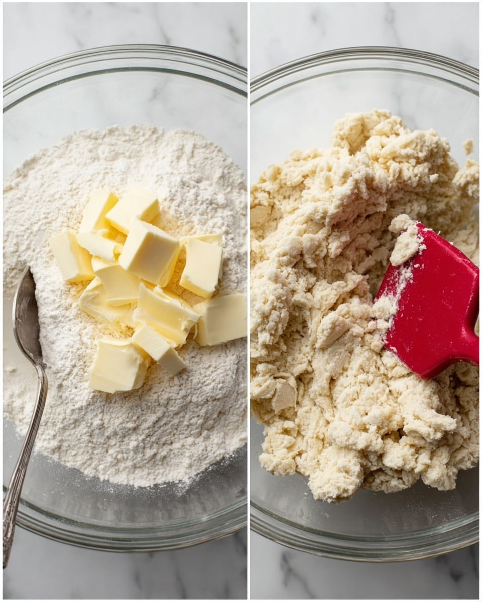 Two photos side by side show the process of making dough in a clear glass bowl on a white marbled surface. The left photo has a layer of white flour at the bottom with small pieces of pale yellow butter scattered on top, and a silver spoon resting inside the bowl on the right side. The right photo shows the next stage where the ingredients are mixed into a rough, crumbly dough with a crumbly texture, and a red spatula handles stirring inside the bowl. Photo taken with an iphone --ar 4:5 --v 7