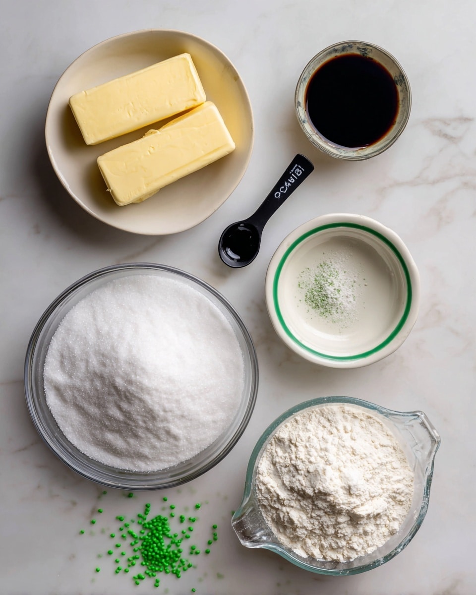 The image shows several baking ingredients placed on a white marbled surface. On the top left, two sticks of yellow butter rest on a small white bowl, slightly overlapping. To the right, a small black measuring spoon filled with dark vanilla extract lies next to an empty round white bowl with a green rim. Below these, a clear glass bowl fully filled with white sugar sits on the left side, while to the right, a clear measuring cup holds a mound of white flour. Scattered in the bottom center, there are small green sprinkles spread out unevenly. All items are clean and arranged neatly. Photo taken with an iphone --ar 4:5 --v 7
