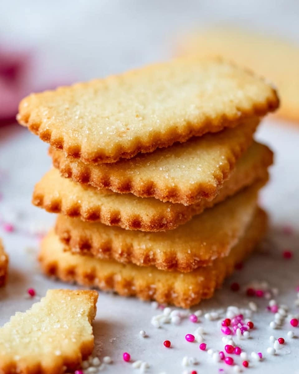 A stack of six rectangular golden-brown cookies with scalloped edges is placed on a white marbled surface. The cookies have a slightly crumbly texture with some sugar crystals visible, and the top cookie is the lightest in color. Around the stack, there are small white, pink, and red round sprinkles scattered, adding a colorful touch. Part of a broken cookie is visible in the lower left corner. Soft, natural light highlights the warm tones of the cookies, giving a cozy feel. Photo taken with an iphone --ar 4:5 --v 7
