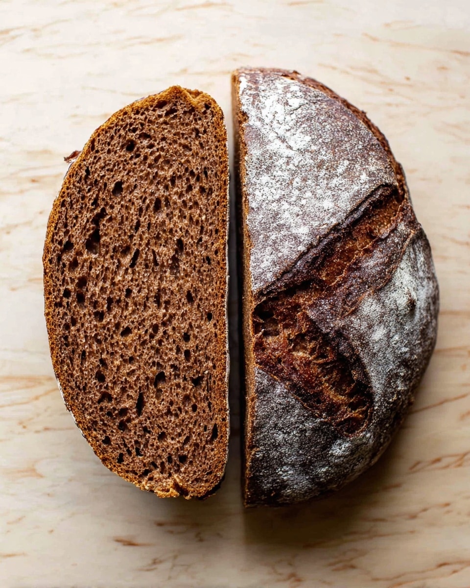 A loaf of dark brown bread is shown on a white marbled surface, sliced in half to reveal its rich, dense interior with small air holes throughout. The crust is thick and rugged, with a lighter dusting of flour on top and a patterned crack on the right half. The left half lies flat with the crumb facing up, displaying a rough texture, while the right half rests on its side, showing the rounded crust. The overall look is rustic and hearty. photo taken with an iphone --ar 4:5 --v 7