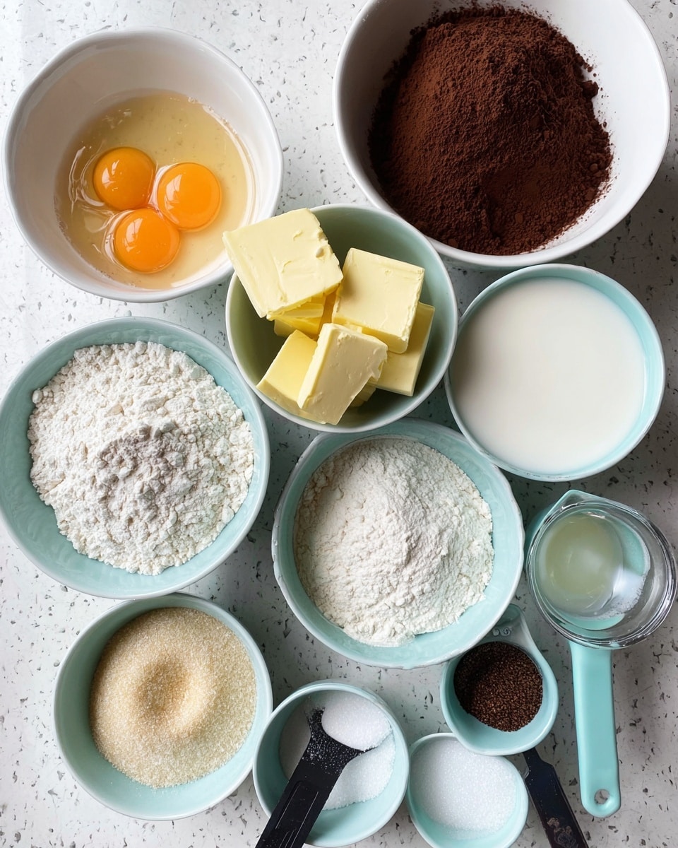A top view of several white bowls and pastel blue measuring cups arranged on a white marbled surface, each filled with different baking ingredients: one bowl has four cracked eggs with bright orange yolks, another contains several thick pale yellow butter slices stacked unevenly, a third bowl holds dark brown cocoa powder with a slightly textured surface, and a fourth bowl is filled with white flour piled high and slightly uneven. There is a bowl of mixed white granulated sugar and light brown sugar next to a bowl of white thick yogurt. Two pastel blue measuring cups contain clear liquid ingredients, while a small cup with a black handle contains a small amount of granulated coffee and another pastel blue spoon holds white powder, likely baking soda. The sizes and colors of all the containers and ingredients give a clear and organized view of baking preparation. photo taken with an iphone --ar 4:5 --v 7