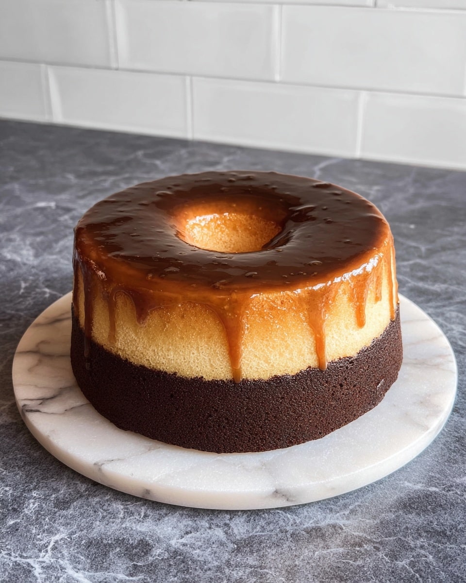 The image shows a two-layer cake with a round shape and a hole in the center like a ring. The top layer is golden brown and shiny, smooth with soft textures and light drip marks running down its side. The bottom layer is dark brown and dense, with a slightly rough texture. The cake sits on a white marble plate, and the background is a white marbled surface. photo taken with an iphone --ar 4:5 --v 7
