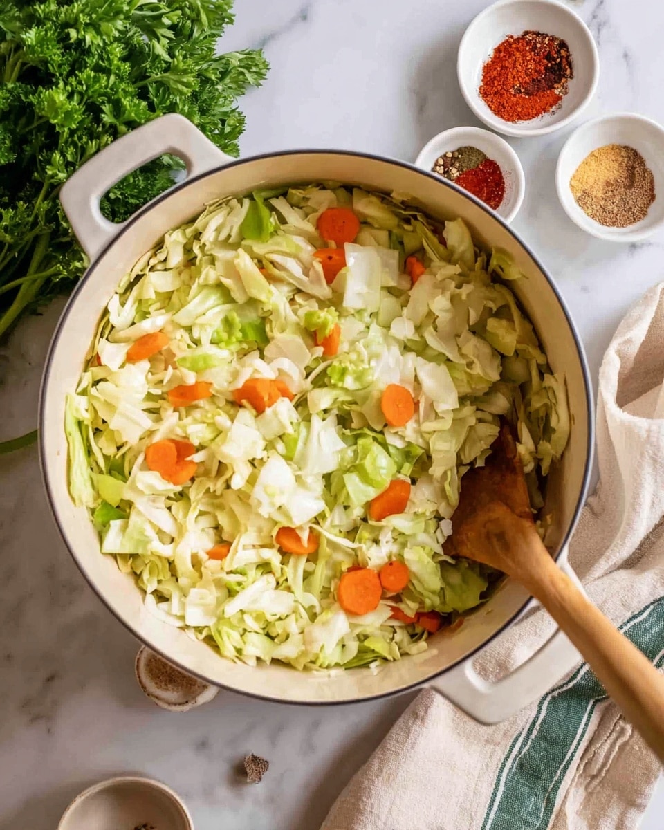 A white pot filled with roughly chopped pale green cabbage and thin round orange carrot slices mixed with small pieces of green celery, creating a colorful and fresh vegetable mix. The pot sits on a white marbled surface, next to a beige cloth with green stripes. To the right side near the pot, there are small white bowls holding different spices in red, brown, and beige colors, and a wooden spoon inside the pot touching the vegetables. A bunch of fresh green parsley is on the left side. Photo taken with an iphone --ar 4:5 --v 7