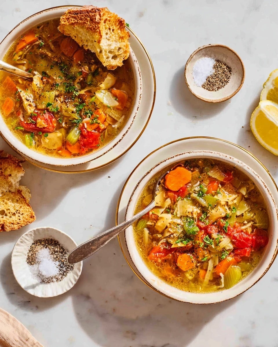 Two white bowls filled with a colorful vegetable soup sit on a white marbled surface. The soup has many layers including orange carrots, green herbs, and red tomato pieces floating in a light broth. Each bowl is placed on a white plate with a golden rim. Each bowl has a spoon inside, with one spoon holding a torn piece of crusty bread that is golden brown and crispy. Scattered green herbs sit on top inside the soup. Around the bowls are small white dishes holding ground black pepper and coarse salt, along with a few lemon wedges nearby. The lighting is bright and natural, and the photo is taken from above. Photo taken with an iphone --ar 4:5 --v 7