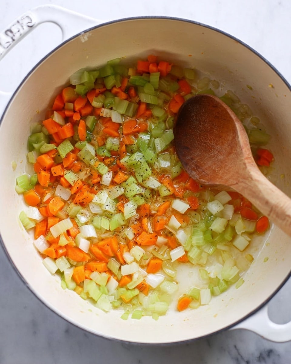 A white pot filled with chopped orange carrots, light green celery, and white onion pieces cooking together. The vegetables are mixed and partly soft, with a wooden spoon stirring them from the right side. The inside of the pot is smooth and clean, with a light coating of oil giving a slight shine to the vegetables. The pot rests on a white marbled surface. photo taken with an iphone --ar 4:5 --v 7
