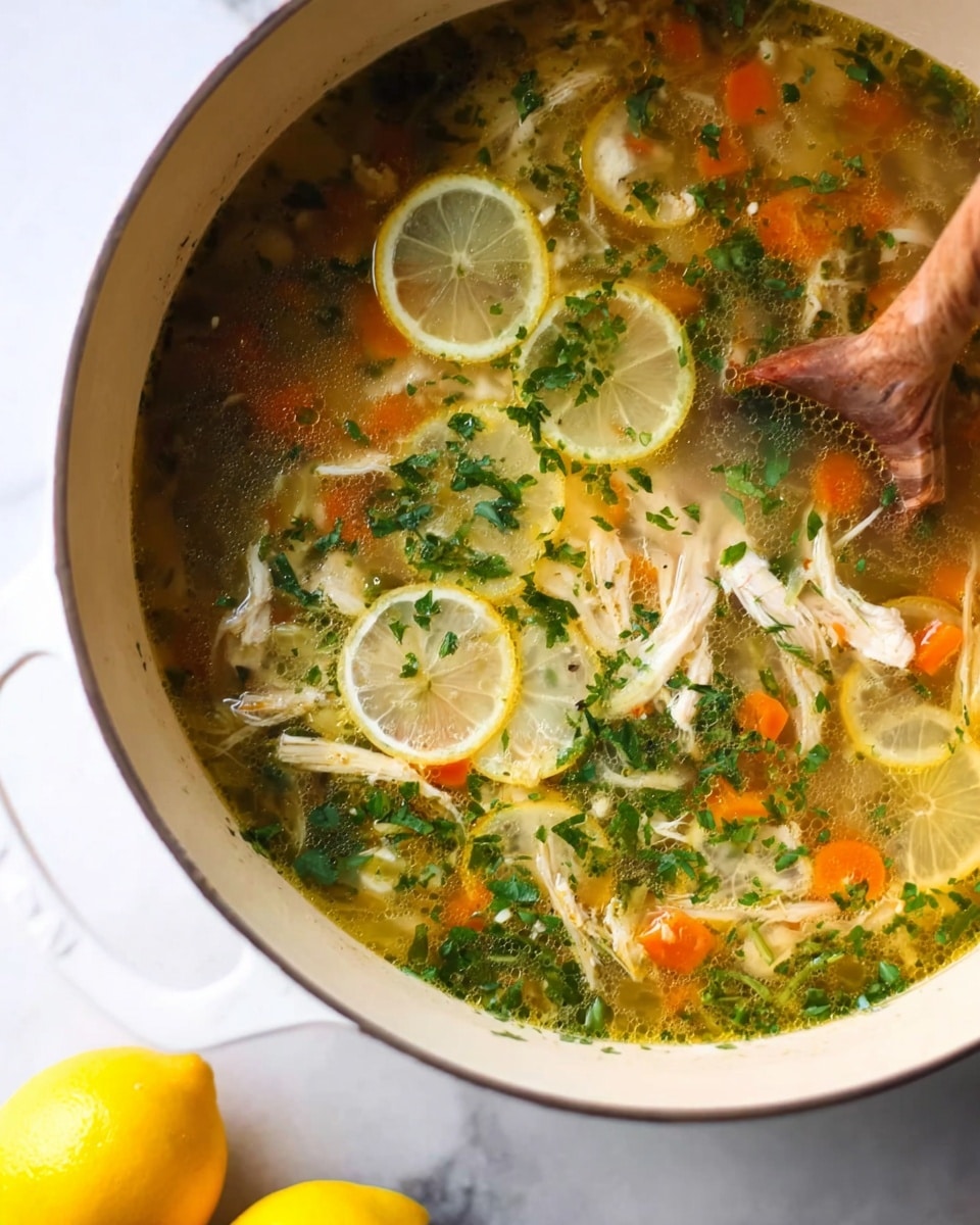 A white pot filled with clear broth soup containing shredded white meat, small orange carrot slices, and thin yellow lemon slices floating on the surface. Bright green chopped herbs are sprinkled evenly over the soup, giving a fresh look. A light-colored wooden spoon rests inside the pot, partially visible on the right side. The pot is set on a white marbled surface with a whole yellow lemon nearby at the bottom left corner of the image. photo taken with an iphone --ar 4:5 --v 7