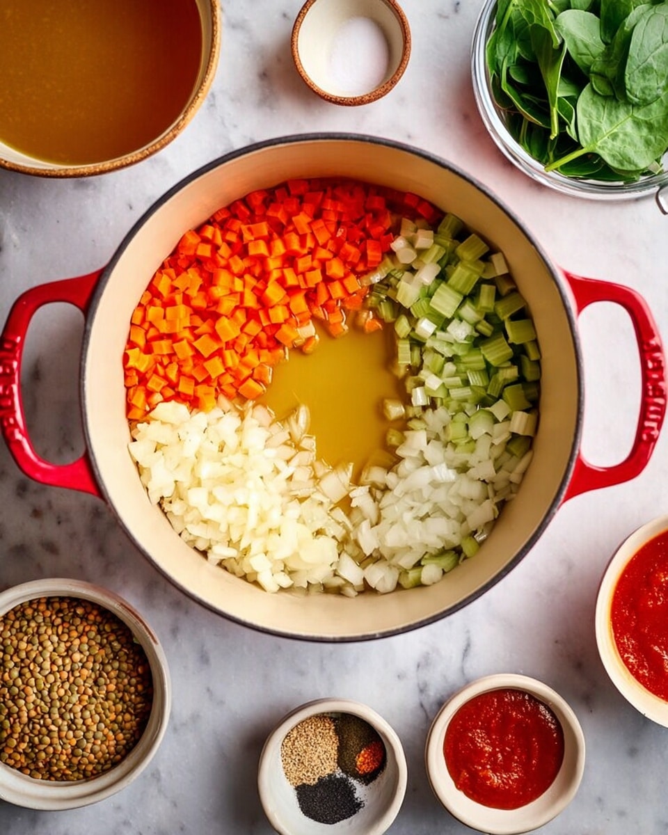 A large white pot with red handles sits in the center on a white marbled surface, containing three piles of chopped ingredients: orange carrots on the top left, pale green celery on the top right, and white onions on the bottom right. A small pool of golden oil is in the middle of the pot mixing slightly with the onions. Around the pot, several bowls hold different ingredients: a light brown broth on the top left, a bowl with a mix of brown, green, and beige lentils on the bottom left, a white bowl with spinach leaves on the top right, a small bowl with spices including red, black, and white powders to the right, and a bowl with smooth red tomato sauce on the bottom right. photo taken with an iphone --ar 4:5 --v 7