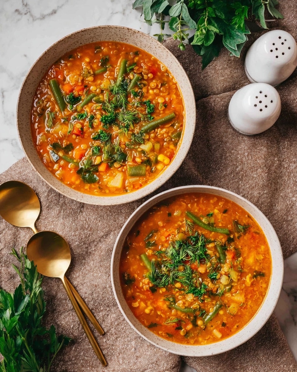 Two white bowls filled with thick, bright orange soup that has a mix of small chopped vegetables, grains, and green leafy herbs on top. The soup shows layers of soft diced potatoes, lentils, green beans, and fresh parsley scattered on the surface. The bowls sit on a brown cloth with two gold spoons resting beside them. Around the bowls, some fresh green herbs and two white salt and pepper shakers are placed on a white marbled textured surface. photo taken with an iphone --ar 4:5 --v 7