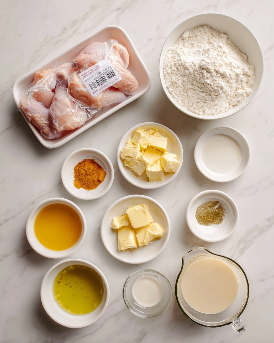 The image shows various cooking ingredients arranged neatly on a white marbled surface. In the top left corner, there is a white tray with raw chicken, light pink in color, covered with a plastic wrap and a label. To its right, a white bowl filled with white flour. Below the tray, there are six small white bowls arranged in a loose circle holding different ingredients: a small bowl with garlic powder, orange in color; a bowl with golden honey; a bowl with yellow Dijon mustard; a bowl with light yellow butter chunks; a bowl with olive oil, light greenish-yellow; and a bowl with heavy cream, creamy white. At the bottom right, two clear measuring cups hold light brown chicken broth and white heavy cream. The colors and textures of each ingredient are clear, with the chicken pieces smooth and moist, powders dry and fine, and liquids glossy. photo taken with an iphone --ar 4:5 --v 7