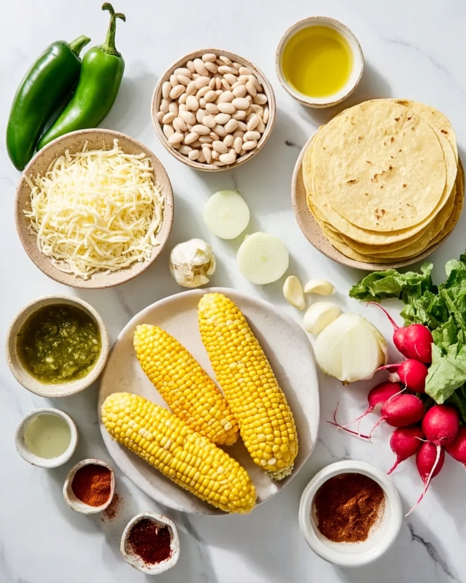 A white bowl filled with shredded cheese sits on a white marbled surface, surrounded by multiple ingredients laid out neatly. Next to the cheese, two corn cobs with bright yellow kernels are placed horizontally. Above the corn, there is a stack of soft yellow corn tortillas. To their right, a small bowl of white beans and another bowl with sliced jalapeños are visible. Two green peppers lie on the marbled surface near the tortillas. A small bowl with garlic cloves and another with oil are also nearby. Two onion halves are set next to a bowl of green salsa or sauce. Small bowls with different spices including a deep red powder are also displayed, along with a bunch of fresh radishes with green leaves. The whole setup is brightly lit and arranged neatly on a white marbled background. photo taken with an iphone --ar 4:5 --v 7