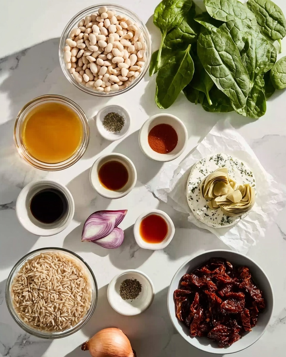 A white marbled surface holds a neat arrangement of ingredients for a recipe. At the top center, there is a clear bowl filled with small white beans. To the right, fresh green spinach leaves rest directly on the surface. Next to the spinach, a round white cheese with herbs is placed on parchment paper. Below the beans, there is a clear bowl with light beige artichoke hearts. To the left side, a clear bowl contains a golden brown broth. Scattered around are smaller white bowls with seasonings: one with sliced purple shallots, one with dark pepper, one with a pinch of salt, one with dark soy sauce, and one with a small amount of red liquid. A single whole shallot is placed near the bottom left. At bottom center, a white bowl contains uncooked brown rice. To the right, a white bowl holds dark red sun-dried tomatoes. The scene is softly lit, bright, and clean, with ingredients clearly visible. photo taken with an iphone --ar 4:5 --v 7