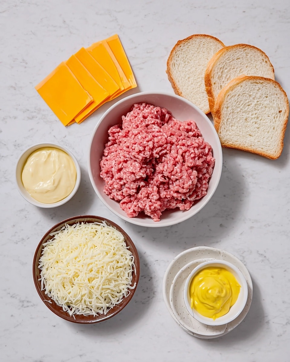 A white bowl filled with raw ground meat with a pinkish-red color sits in the center, surrounded by three slices of white bread positioned behind it. To the left are three individually wrapped orange slices of cheese. Below the cheese is a small white bowl filled with a creamy, pale yellow sauce. At the bottom of the image, there is a small brown bowl holding a generous amount of shredded white cheese. To the right of the shredded cheese bowl is a small white ramekin filled with bright yellow mustard. All the items rest on a white marbled surface. photo taken with an iphone --ar 4:5 --v 7