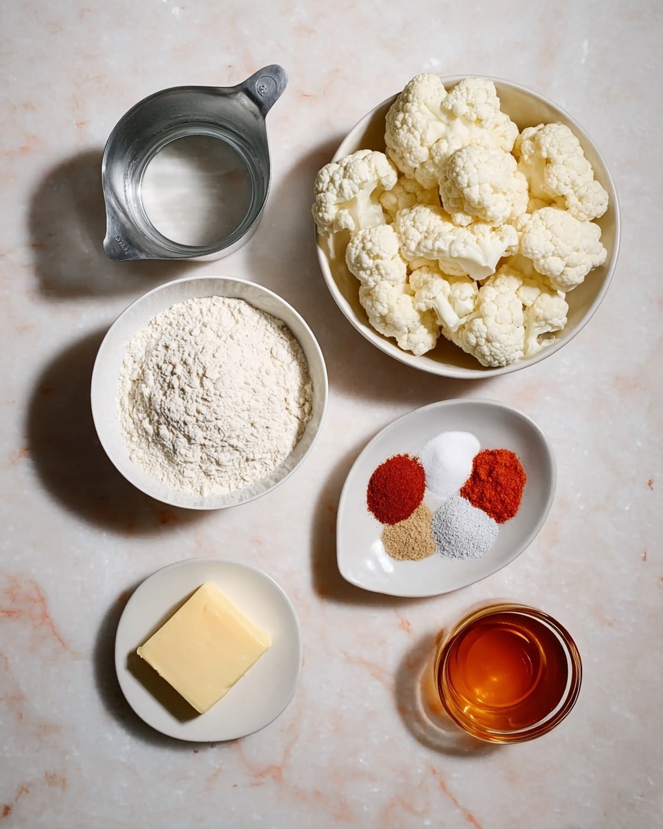A white bowl filled with large, white cauliflower florets sits next to a small white bowl with five small piles of powdered spices in red, white, and gray colors, arranged in a circle. Below, there is a bigger white bowl filled with white flour, and to its left, a metal measuring cup with a small amount of clear water inside. Below the water cup, a small white bowl holds a square piece of pale yellow butter, and next to it, a small glass bowl contains golden amber liquid, likely honey or syrup. All items are placed on a white marbled surface. photo taken with an iphone --ar 4:5 --v 7