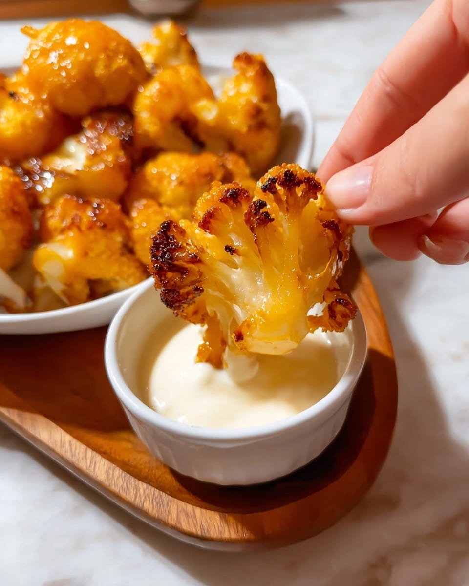 A close-up view shows a woman's hand holding a crispy golden-orange cauliflower floret with a slightly charred texture. The floret is dipped into a small white bowl filled with creamy white sauce, sitting on a small wooden board. In the background, a white plate is filled with several more cauliflower pieces coated with the same golden-orange sauce, with some charred spots visible. The setting rests on a white marbled surface. photo taken with an iphone --ar 4:5 --v 7