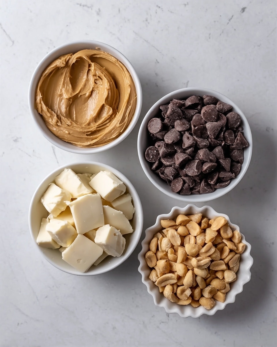 Four white bowls are placed on a white marbled surface. The top left bowl holds smooth, light brown peanut butter with a creamy texture. The top right bowl is filled with small, dark brown chocolate chips that have a matte finish. The bottom left bowl contains white chocolate chunks that are uneven and block-shaped. The bottom right bowl has a scalloped edge and is full of golden-brown roasted peanuts with a slightly rough texture. Photo taken with an iphone --ar 4:5 --v 7