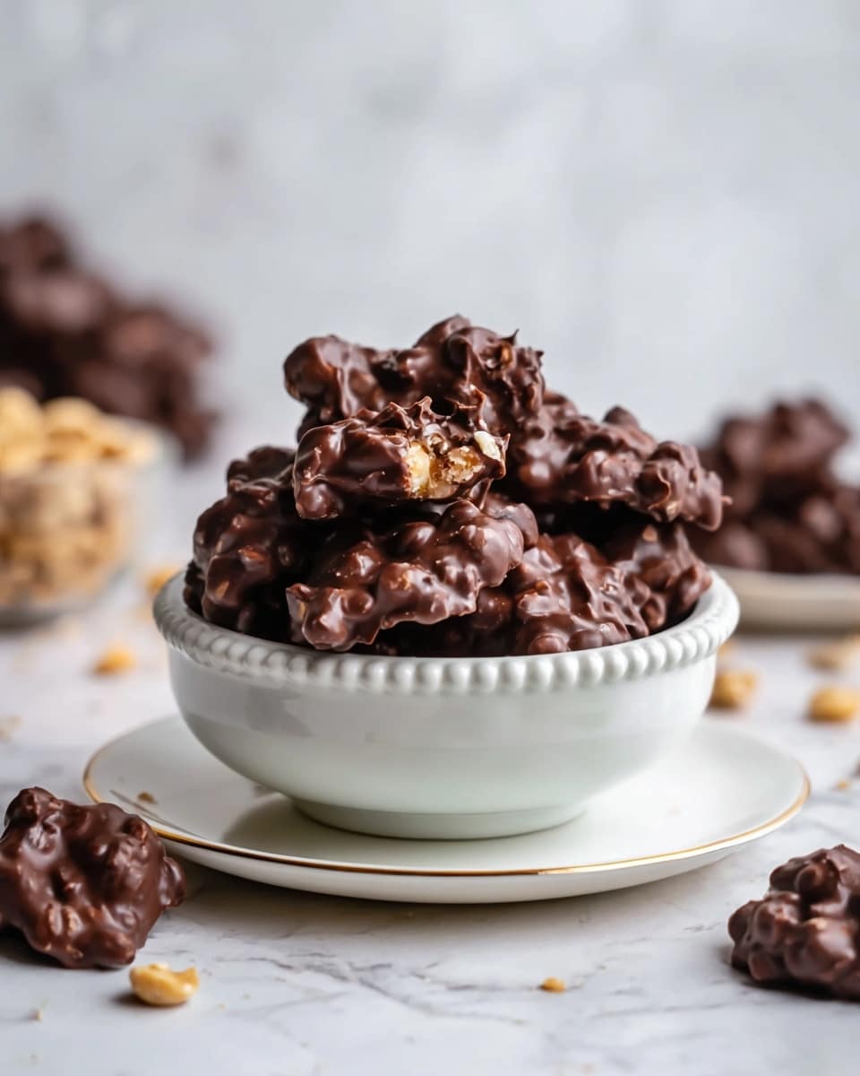 A small white bowl with a beaded edge is filled with irregular-shaped chocolate clusters, each made of dark chocolate coating nuts that create bumpy textures, some pieces showing visible nut pieces inside. The bowl sits on a white plate with a thin gold rim, and a few chocolate clusters are scattered around the plate. The background is a soft focus white marbled surface with a blurred bowl of nuts and more chocolate clusters. The lighting gives the chocolate a smooth shine and highlights the nut textures, making the clusters look rich and inviting. Photo taken with an iphone --ar 4:5 --v 7