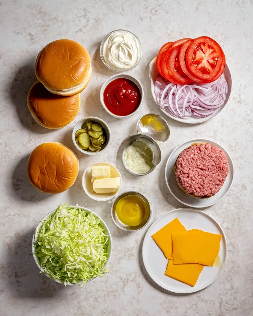 The image shows all the ingredients for making a burger laid out neatly on a white marbled surface. There are three golden brown burger buns stacked in the bottom left corner. To the right of the buns, four small round bowls are arranged vertically: the top one with a serving of creamy white mayonnaise, below it a bowl with chunky green relish, then a bowl of yellow mustard, and the last one is empty clear liquid. Above those, there is a white bowl with thick red ketchup. To the top right, another white bowl holds thinly sliced red onions, and next to it is a white plate with several round slices of bright red tomatoes. Above these, a small metal bowl contains light yellow butter. To the left of the butter, a small metal bowl has sliced green pickles. Left of the pickles is a white bowl full of shredded green lettuce. Above the lettuce, on the top right side, there is a white bowl with a raw pink ground meat patty. Between the lettuce and buns, two slices of pale yellow cheese slices are placed flat on the surface. Photo taken with an iphone --ar 4:5 --v 7