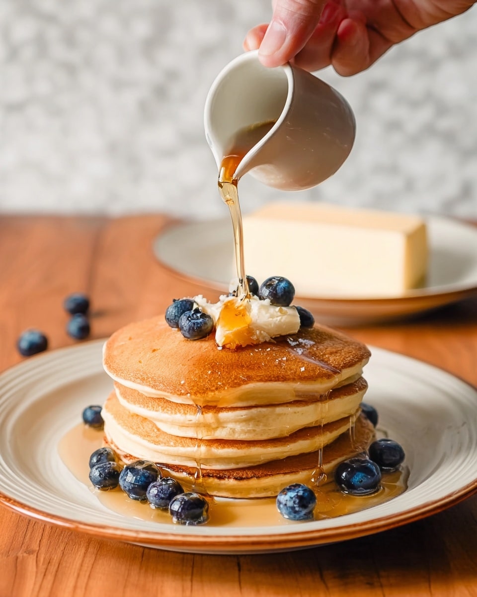 A stack of four golden brown pancakes sits neatly on a white plate with a thin brown rim, placed on a wooden surface. The pancakes are topped with a small dollop of butter and a few fresh blueberries, with more blueberries scattered around the plate. A woman's hand is pouring amber syrup from a small white ceramic cup, which cascades down the sides of the pancakes, creating a shiny, sticky texture. In the background, a white plate with a block of butter is visible, all against a white marbled surface. photo taken with an iphone --ar 4:5 --v 7