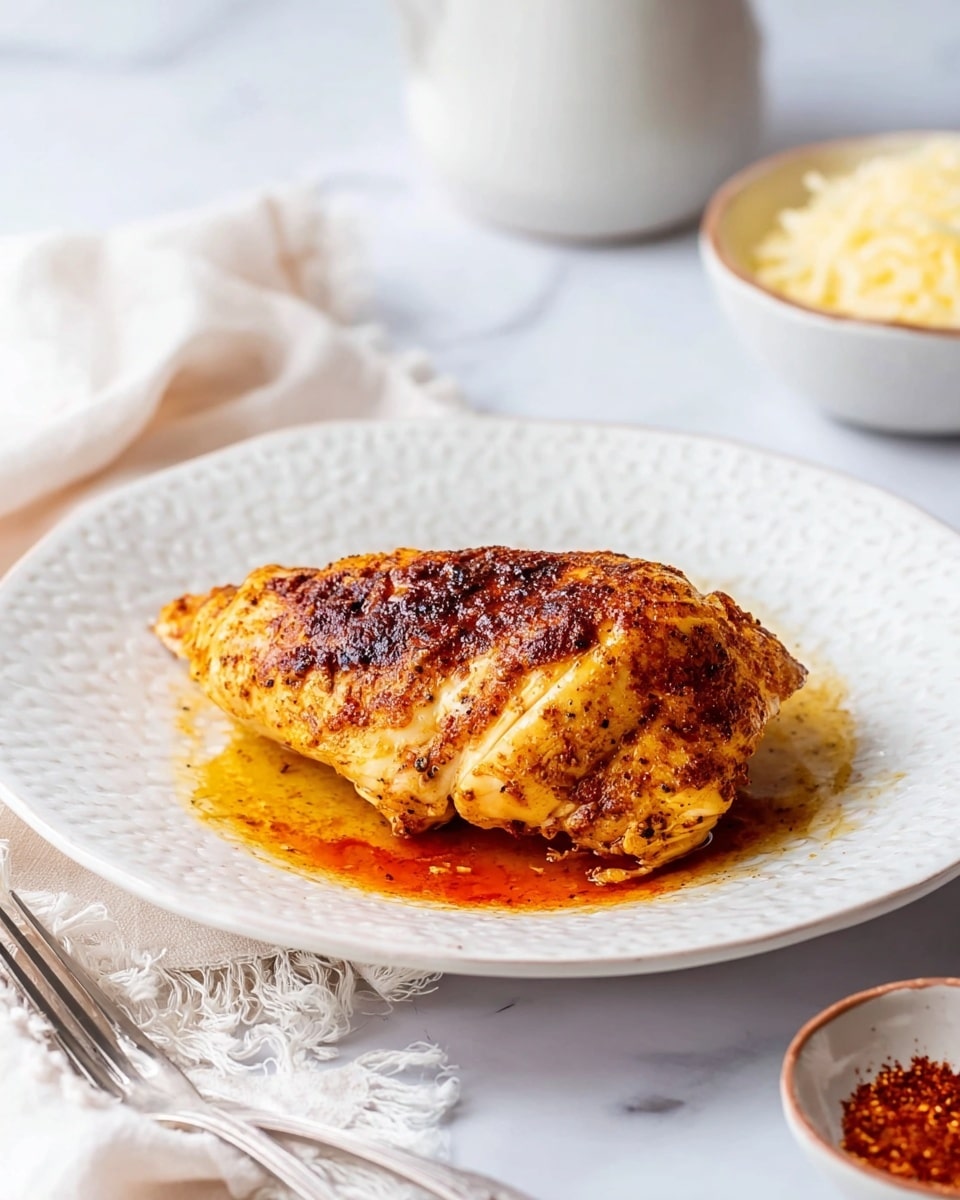 The image shows a single piece of cooked chicken on a white plate with a subtle textured pattern. The chicken is covered with a crispy golden-brown spice layer, especially dark on top, with a reddish oily sauce pooling underneath it. The chicken is placed slightly off-center on the plate. In the background, there is a white bowl with some shredded cheese and a white soft cloth with fringe on a white marbled surface. A silver fork is positioned at the lower left of the frame, and a small white dish with red spice is on the bottom right. Photo taken with an iphone --ar 4:5 --v 7