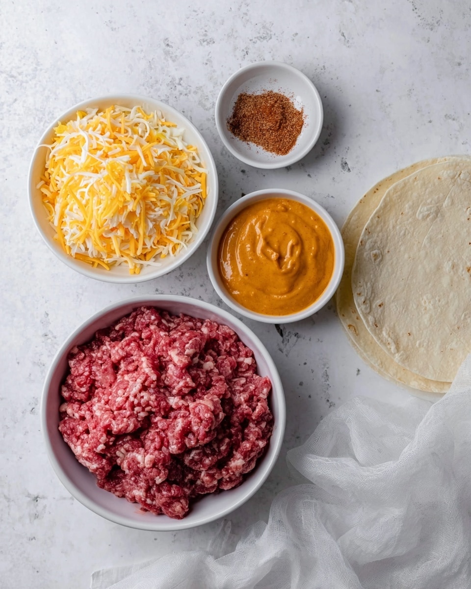 The image shows four white bowls each containing an ingredient, arranged on a white marbled surface. The largest bowl at the bottom holds raw ground meat, which is red with some white fat specks. To the right of it is a slightly smaller bowl filled with shredded yellow and white cheese. Above these bowls is a smaller one containing a smooth, thick orange sauce. Next to the sauce bowl, there is a tiny bowl with brown spice powder. A soft, round tortilla is placed near the upper right corner. A piece of sheer white fabric lies in the lower right corner of the surface. Photo taken with an iphone --ar 4:5 --v 7