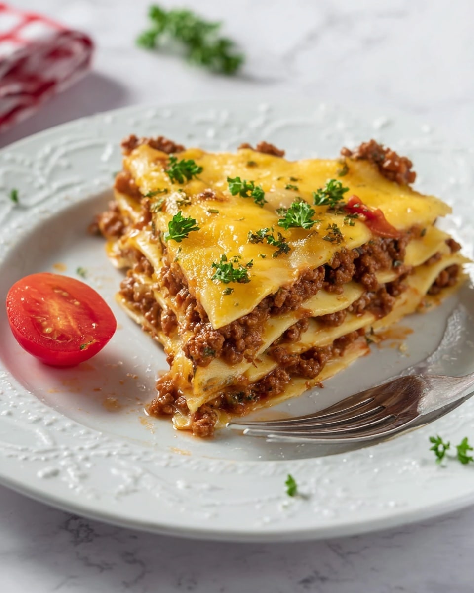 A close-up view of a three-layered lasagna slice on a white plate with delicate embossed patterns along the edge, sitting on a white marbled surface. Each layer consists of a thin, light yellow pasta sheet alternating with rich brown minced meat mixed with light tomato sauce and melted yellow cheese on top, sprinkled with small green parsley leaves. To the left of the lasagna slice, there is a halved red cherry tomato with some water droplets on its surface. A shiny metal fork rests near the edge of the plate, partially under the lasagna. Photo taken with an iphone --ar 4:5 --v 7