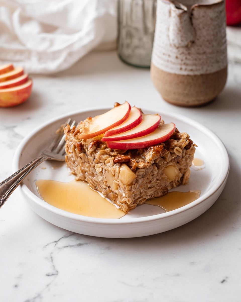 A square piece of baked oatmeal sits on a white plate, its surface showing mixed chunks of oats and small apple pieces in a light brown, soft texture. On top, three thin slices of red apple fan out, adding a fresh contrast. Around the oatmeal is a light golden syrup pooling slightly on the white plate's edge. To the left of the plate, a silver fork rests, and in the background, a white marbled surface is visible along with a rustic ceramic jug and a glass bottle. photo taken with an iphone --ar 4:5 --v 7