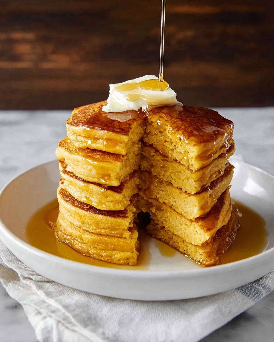 A stack of six thick, golden-brown pancakes is placed in the center of a white plate on a white marbled surface. The top pancake is topped with a dollop of pale yellow butter, melting slightly, while golden syrup is being poured over it and flowing down the sides. A vertical slice is removed from the stack, revealing the soft, fluffy, orange-yellow inside texture of the pancakes. The plate sits on a neatly folded white cloth with a dark wooden background behind. Photo taken with an iphone --ar 4:5 --v 7