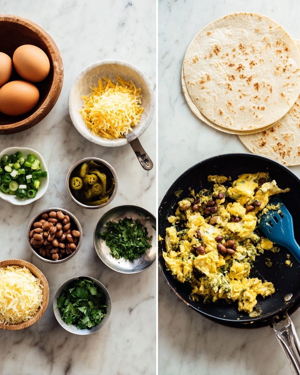 The image shows two scenes on a white marbled surface side by side. On the left, there are several ingredients arranged: two brown eggs, a small wooden bowl with green onion slices, a silver measuring cup with shredded pale yellow cheese, a small white bowl with chopped green pickles, a small silver bowl with brown beans, a small round bowl with chopped green herbs, and a round tortilla wrap under the bowls. On the right, a black pan contains scrambled eggs mixed with brown beans, with some eggs soft and fluffy and beans scattered throughout, being stirred by a blue spatula. photo taken with an iphone --ar 4:5 --v 7