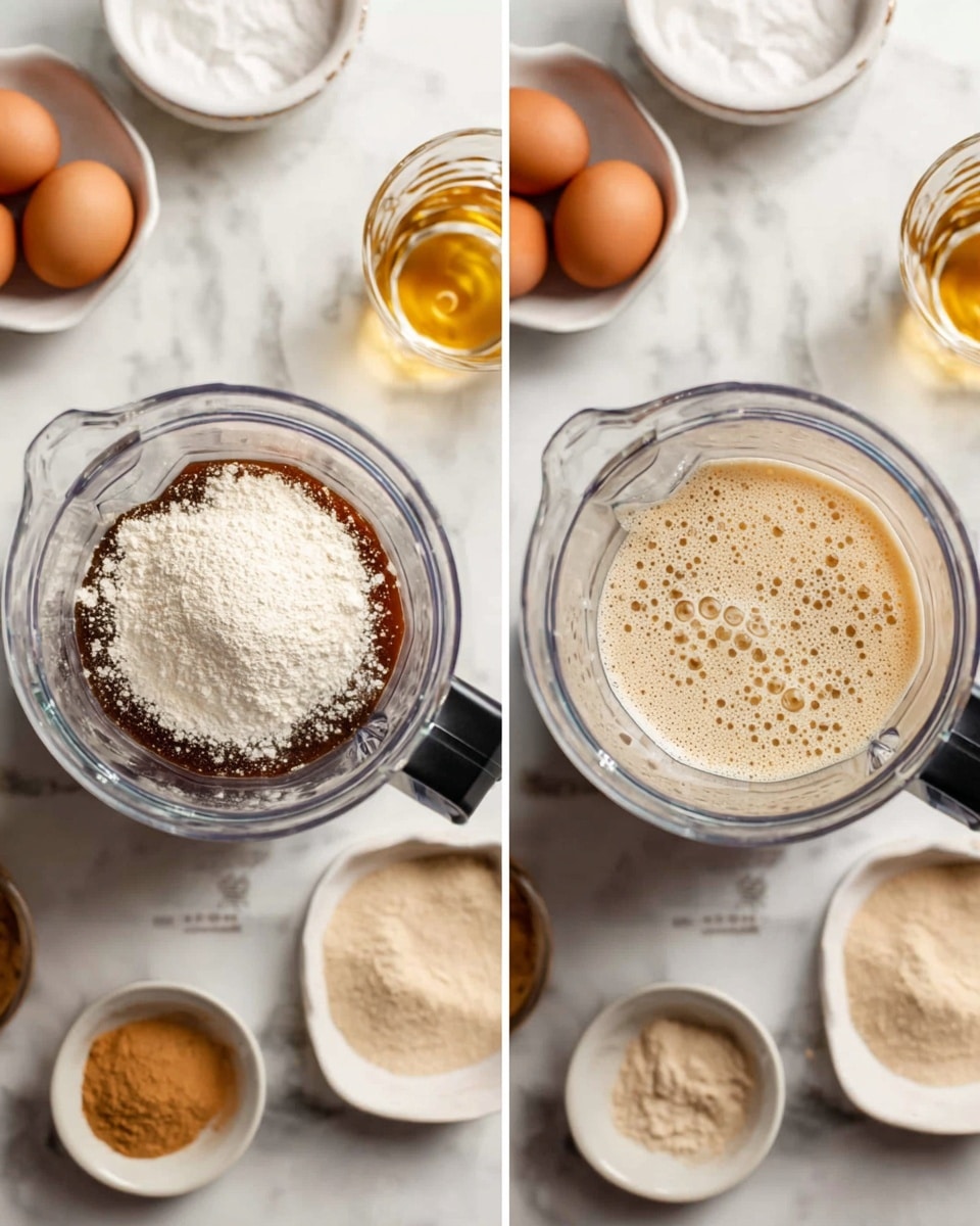 The image shows two side-by-side shots focused on a blender jar placed on a white marbled surface. In the left shot, the blender jar is filled with layers: a dark brown liquid at the bottom, topped with a pile of white flour, surrounded by small bowls with light brown powder, a clear glass with golden liquid, and a white bowl with two brown eggs visible nearby. In the right shot, the blender jar is filled with a light beige frothy mixture with bubbles on top, the surrounding bowls and ingredients remain the same. Photo taken with an iphone --ar 4:5 --v 7
