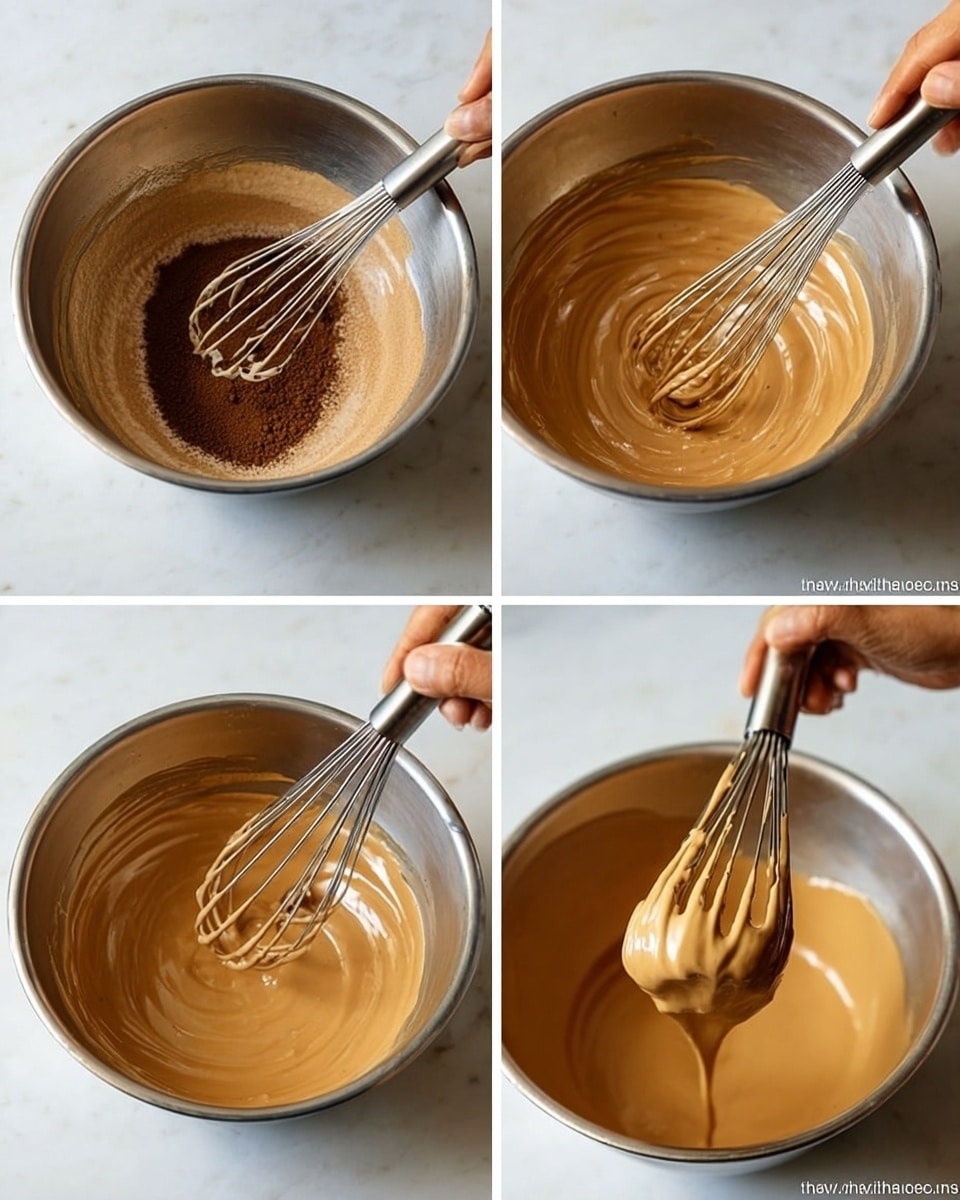The image shows four close-up views of a shiny silver metal bowl sitting on a white marbled surface. In the first part, a small amount of dark brown powder is at the bottom of the bowl with a metal whisk partially dipped in it. The second part shows the powder turning into a smooth, lighter brown mixture spreading across the bowl’s base. The third part displays the mixture thickening into a creamy, smooth tan color as the whisk moves through it. In the last part, a woman's hand holds the whisk up, showing a thick, soft dollop of tan cream hanging from the tool above the bowl, which still holds some of the mixture inside. photo taken with an iphone --ar 4:5 --v 7