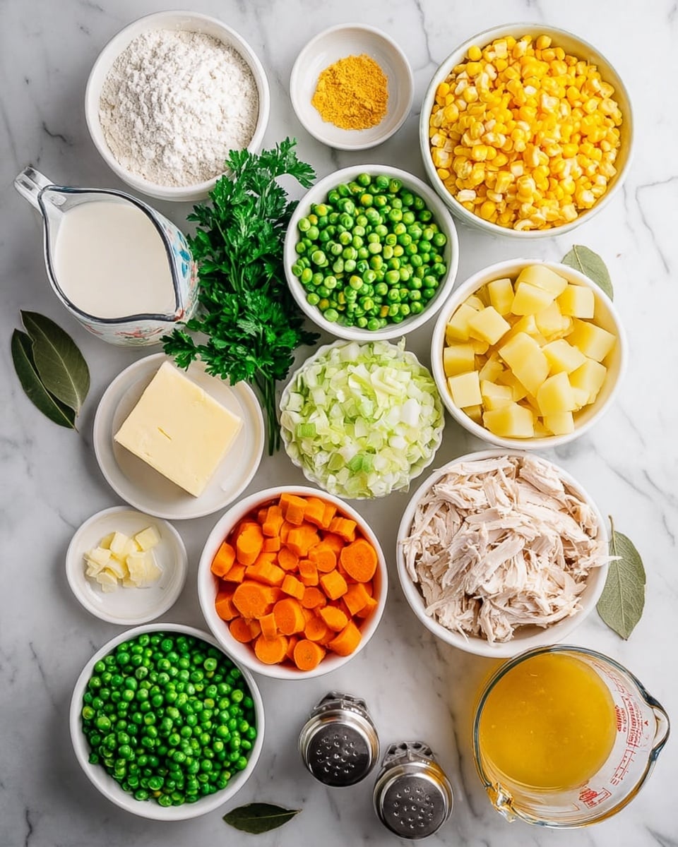 Several small white bowls and a glass measuring cup are arranged on a white marbled surface, each holding different cooking ingredients. Starting from the top, there is a bowl with white flour, next to it a bowl of bright yellow corn kernels, and another bowl filled with green frozen peas. Below them, a bowl with chopped yellow potatoes and a bowl with shredded cooked chicken are placed side by side. To the left, a bunch of fresh green parsley leaves rests beside a bowl of finely chopped white onions. Near the center, there is a bowl with sliced orange carrots, and beneath it, a bowl with chopped green celery. A small jug of white cream is on the left side, next to a white saucer holding a slab of pale yellow butter. There is a tiny bowl with minced garlic, another with a clear liquid (likely oil), and a small dish with yellow powder (seasoning). Two silver salt and pepper shakers sit near a single bay leaf, and the clear glass measuring cup on the bottom right is filled with golden broth. photo taken with an iphone --ar 4:5 --v 7