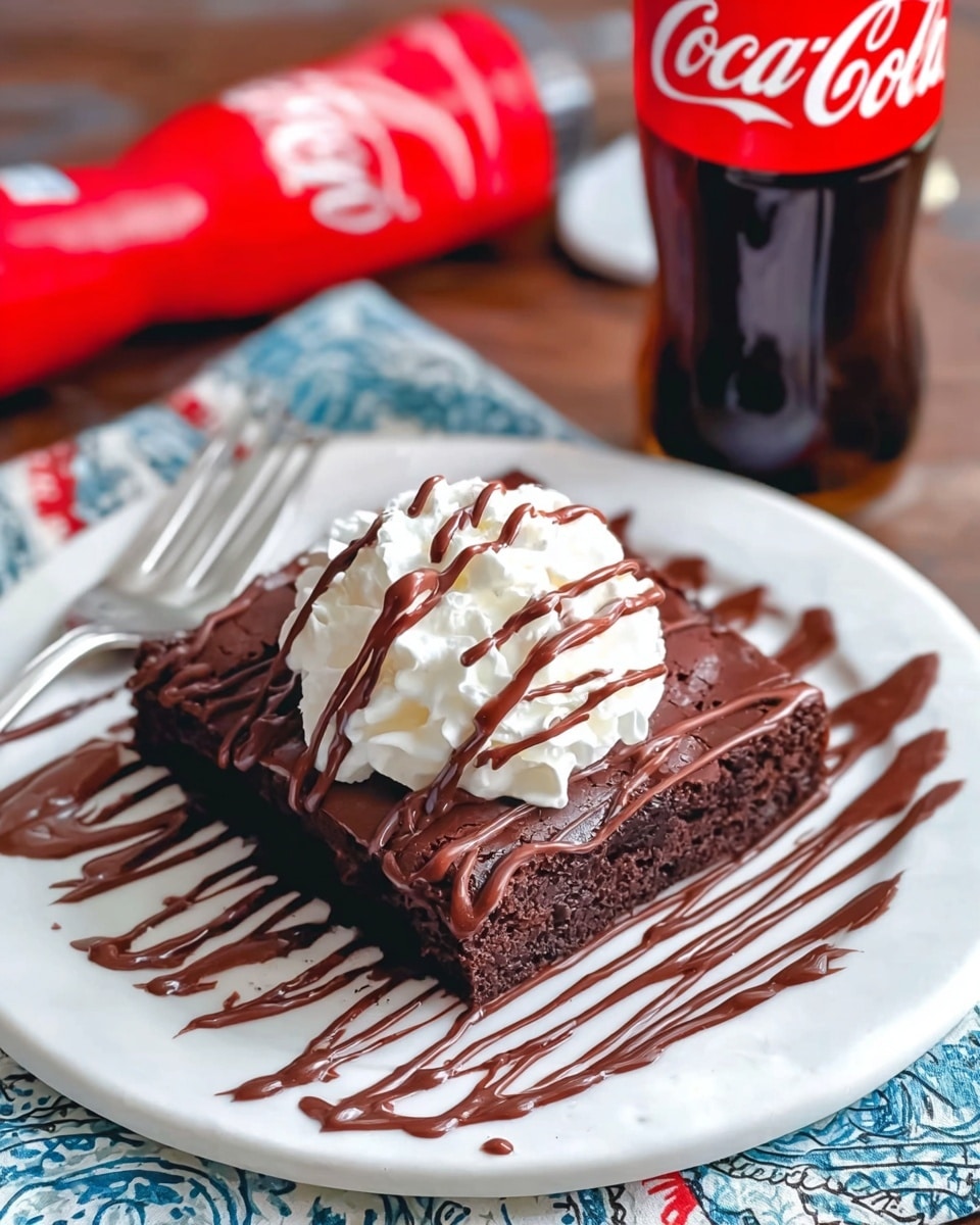A square piece of chocolate cake with one thick dark brown layer sits on a white plate with chocolate drizzle artfully spread around it. On top of the cake is a dollop of white whipped cream, also drizzled with thin lines of dark chocolate. A fork rests on the white marbled surface next to the plate. A red Coca-Cola bottle cap and part of a Coca-Cola bottle appear on the dark brown wooden table, along with a blue patterned cloth near the plate. Photo taken with an iphone --ar 4:5 --v 7