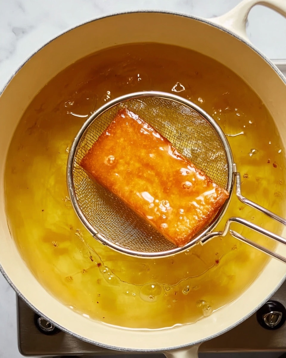 A large white pot is filled with hot, clear oil with some small bits floating inside. A silver round wire skimmer is lifting a golden brown rectangular fried item out of the oil. The fried item has a shiny, crispy surface with some reflections of light. The pot is on a stovetop with part of the stove controls visible. The background surface is white marble. photo taken with an iphone --ar 4:5 --v 7